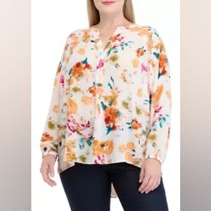 Tahari Woman Floral Watercolor V Neck Long Sleeve Tunic Blouse 2X Art To Wear